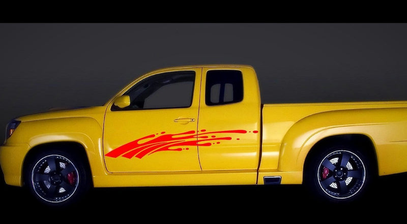 red splash vinyl graphics on yellow truck